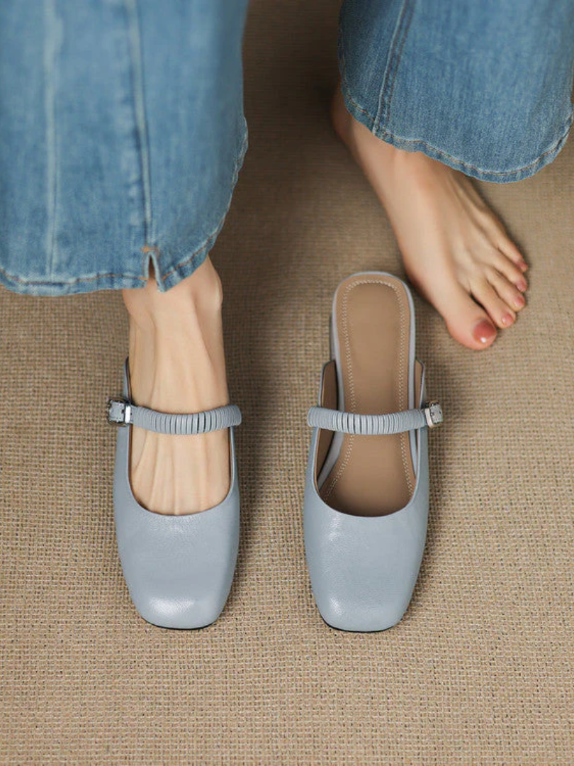 Light blue leather Mary Jane mule with elastic strap and low block heel