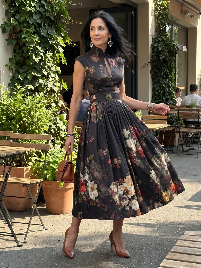 Black floral pleated midi dress with high-neck keyhole and full skirt