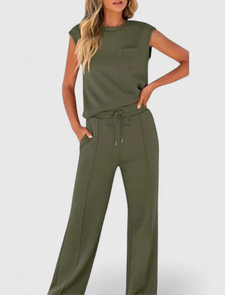 Military green sleeveless top and drawstring wide-leg pants set