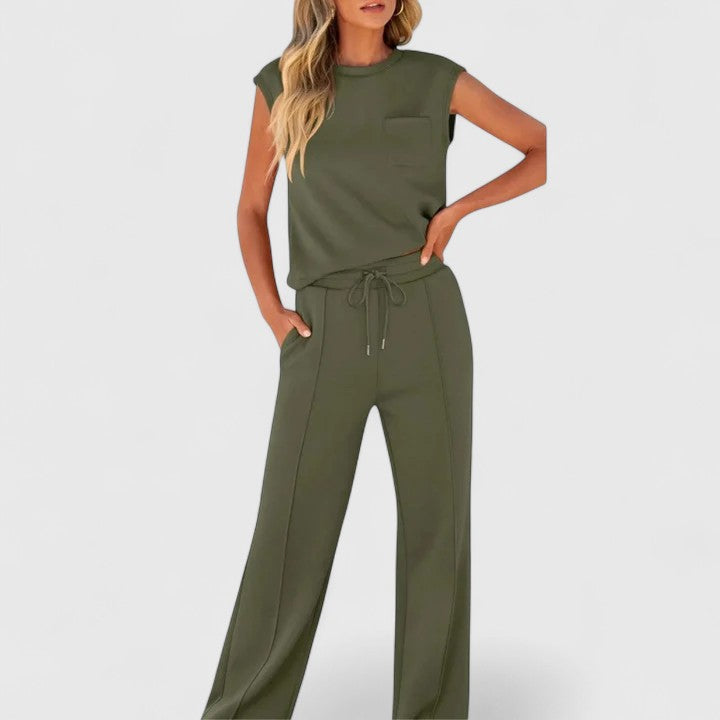 Military green sleeveless top and drawstring wide-leg pants set