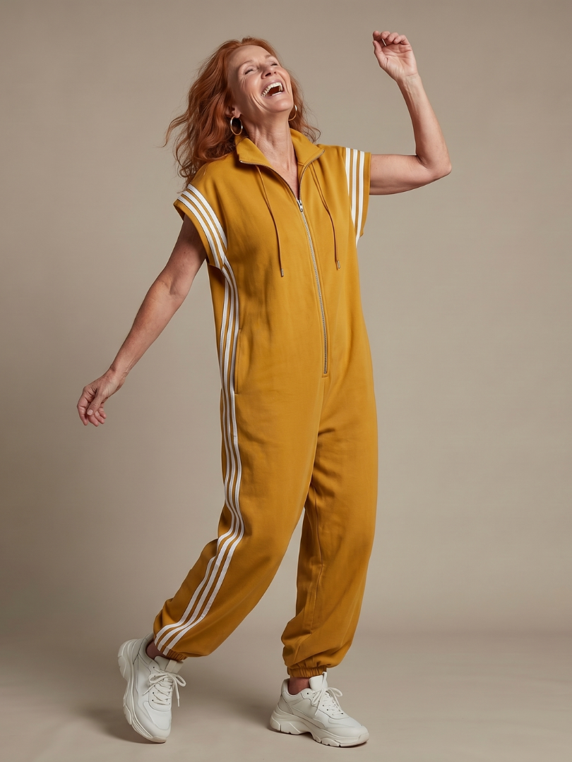 Mustard yellow zip-front jumpsuit with white striped sleeves and drawstring hood