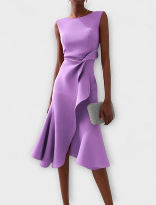 Violet draped asymmetric midi dress, sleeveless with knotted side detail and flared hem