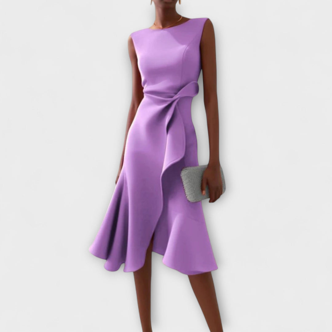Violet draped asymmetric midi dress, sleeveless with knotted side detail and flared hem