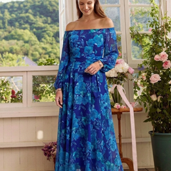 Blue floral off-shoulder maxi dress with tiered skirt and long sleeves