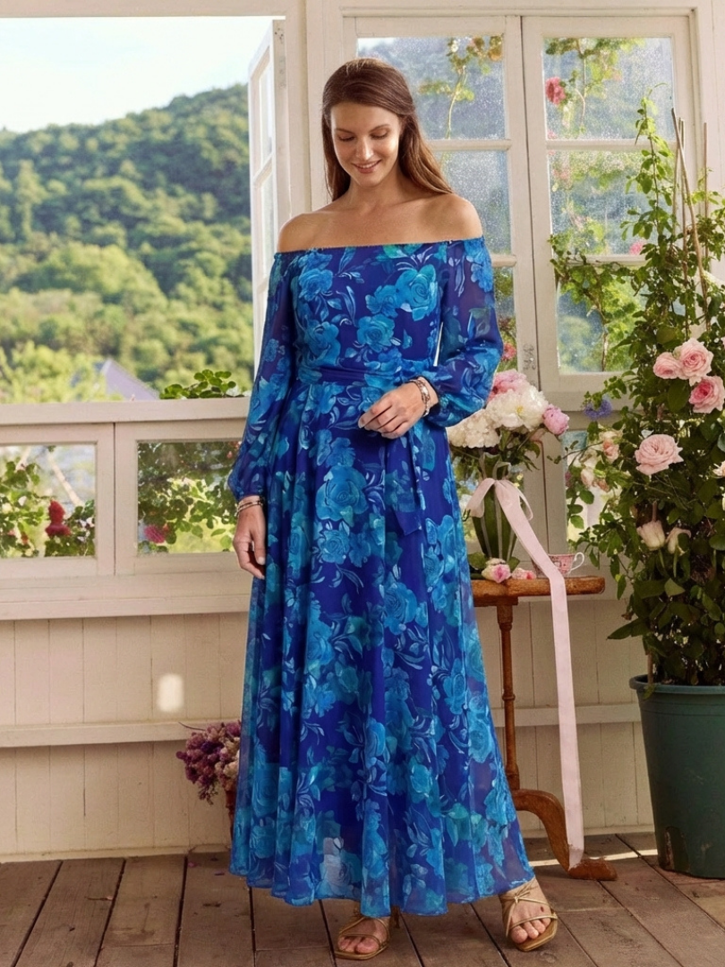 Blue floral off-shoulder maxi dress with tiered skirt and long sleeves