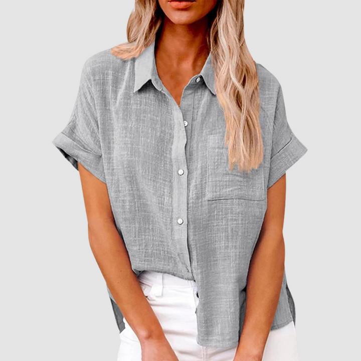 Gray button-front short-sleeve blouse with point collar and chest pocket