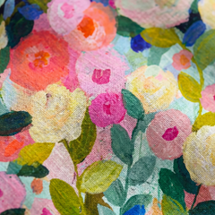 Multicolor floral fabric texture with dense rose and leaf pattern
