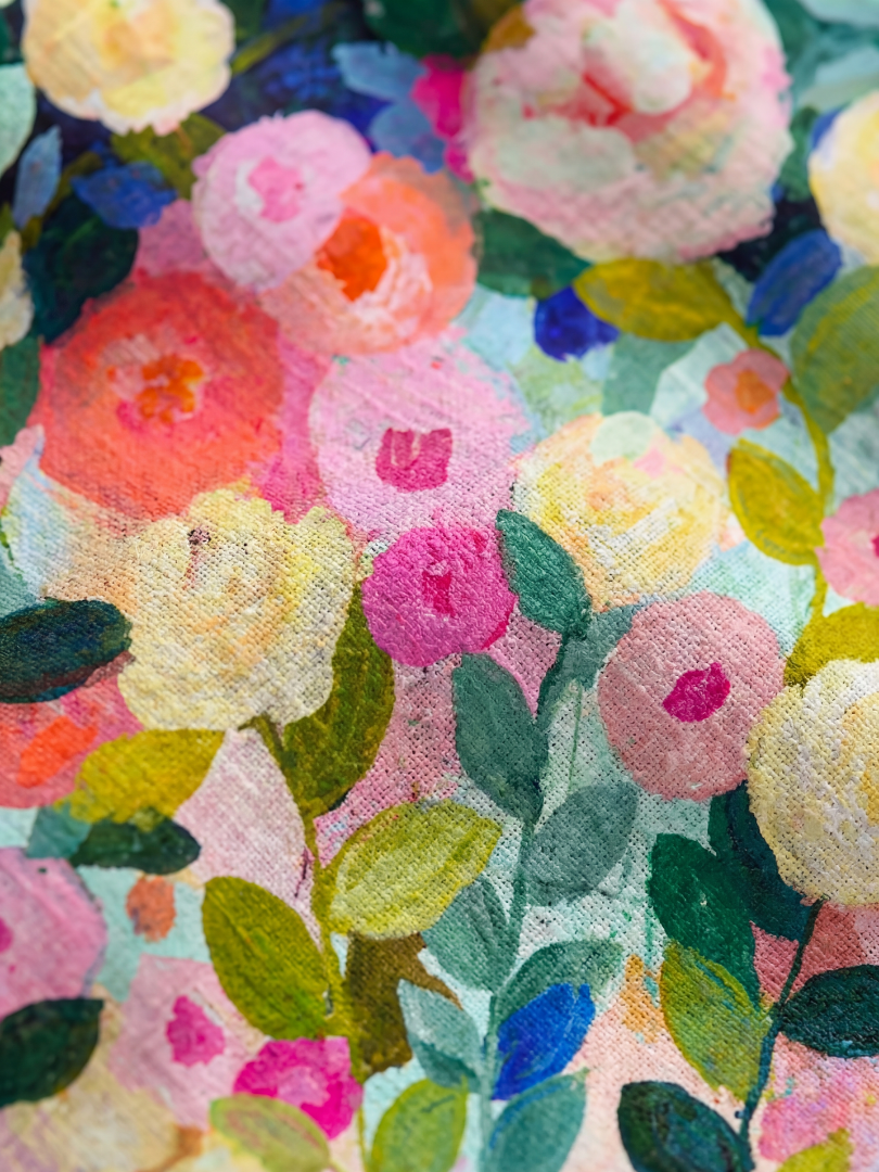 Multicolor floral fabric texture with dense rose and leaf pattern