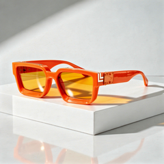 Monaco Marquee Shades sunglasses with orange square frames and gold logo detail