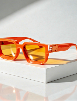 Monaco Marquee Shades sunglasses with orange square frames and gold logo detail