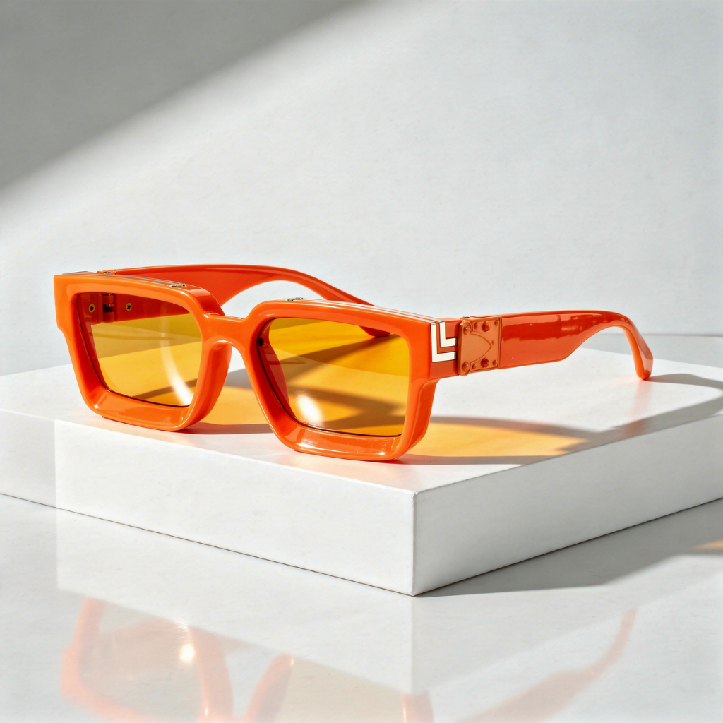 Monaco Marquee Shades sunglasses with orange square frames and gold logo detail