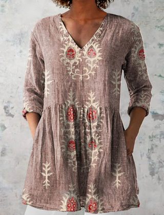 Rose long-sleeve V-neck embroidered blouse with gathered waist and folk floral motifs