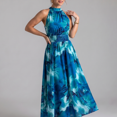 Blue abstract print gathered-waist midi dress with sleeveless halter neckline