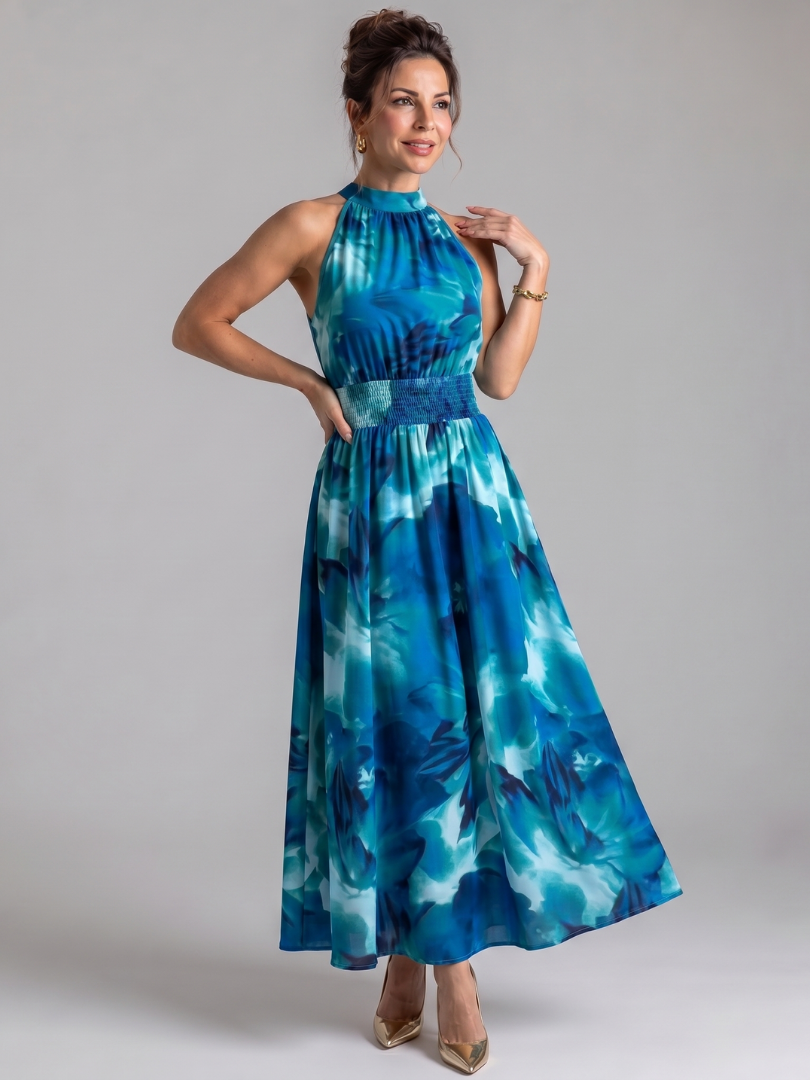 Blue abstract print gathered-waist midi dress with sleeveless halter neckline