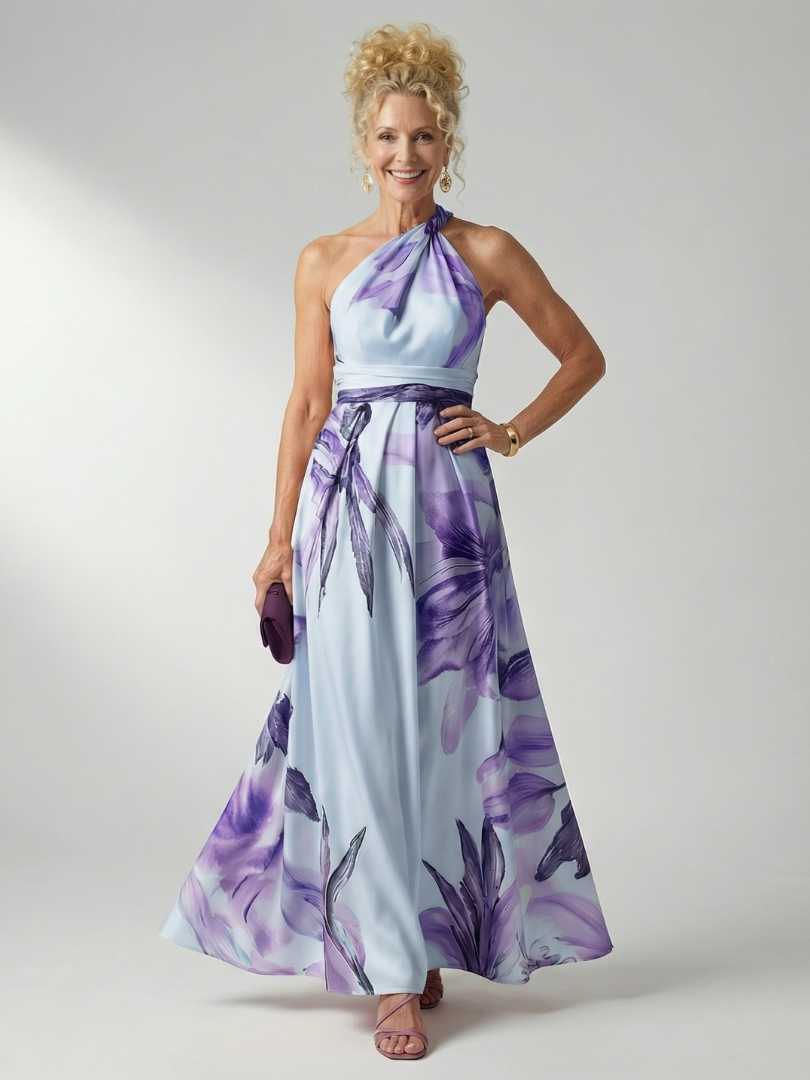 Light floral maxi dress with halter neck; lavender and purple blooms on pale blue