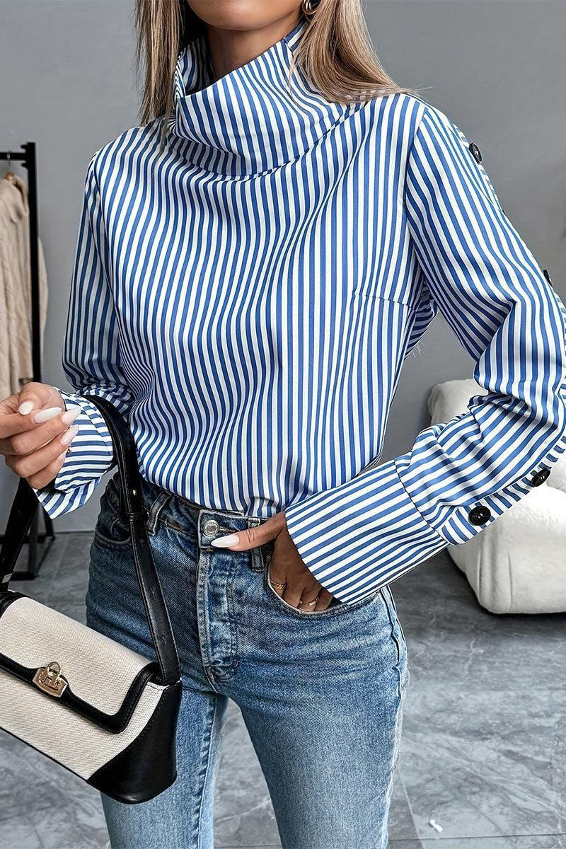 Blue-and-white striped high-neck long-sleeve top with buttoned cuffs, angled view.
