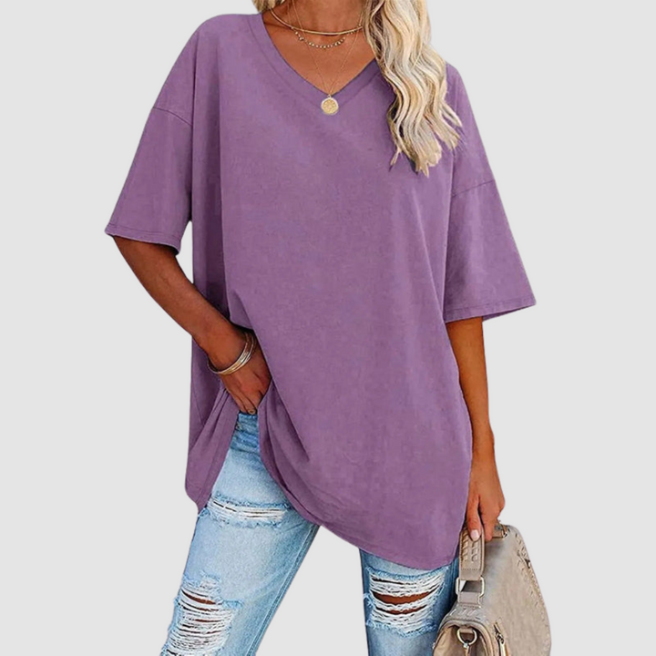 Purple V-neck short-sleeve T-shirt with draped front knot