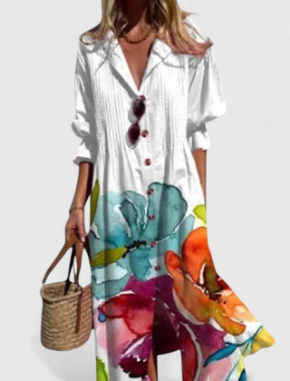 White boho dress with watercolor floral print, V-neck and elbow-length sleeves
