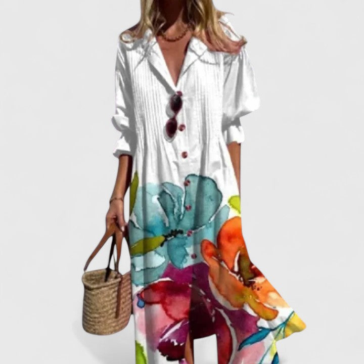 White boho dress with watercolor floral print, V-neck and elbow-length sleeves