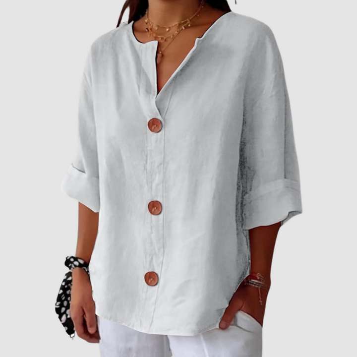 Light gray linen blouse with V-neck and button-front placket, short sleeves