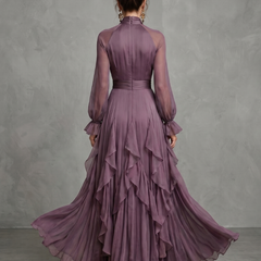 Purple tie-neck tiered maxi dress, back view with cascading ruffle layers and sheer sleeves