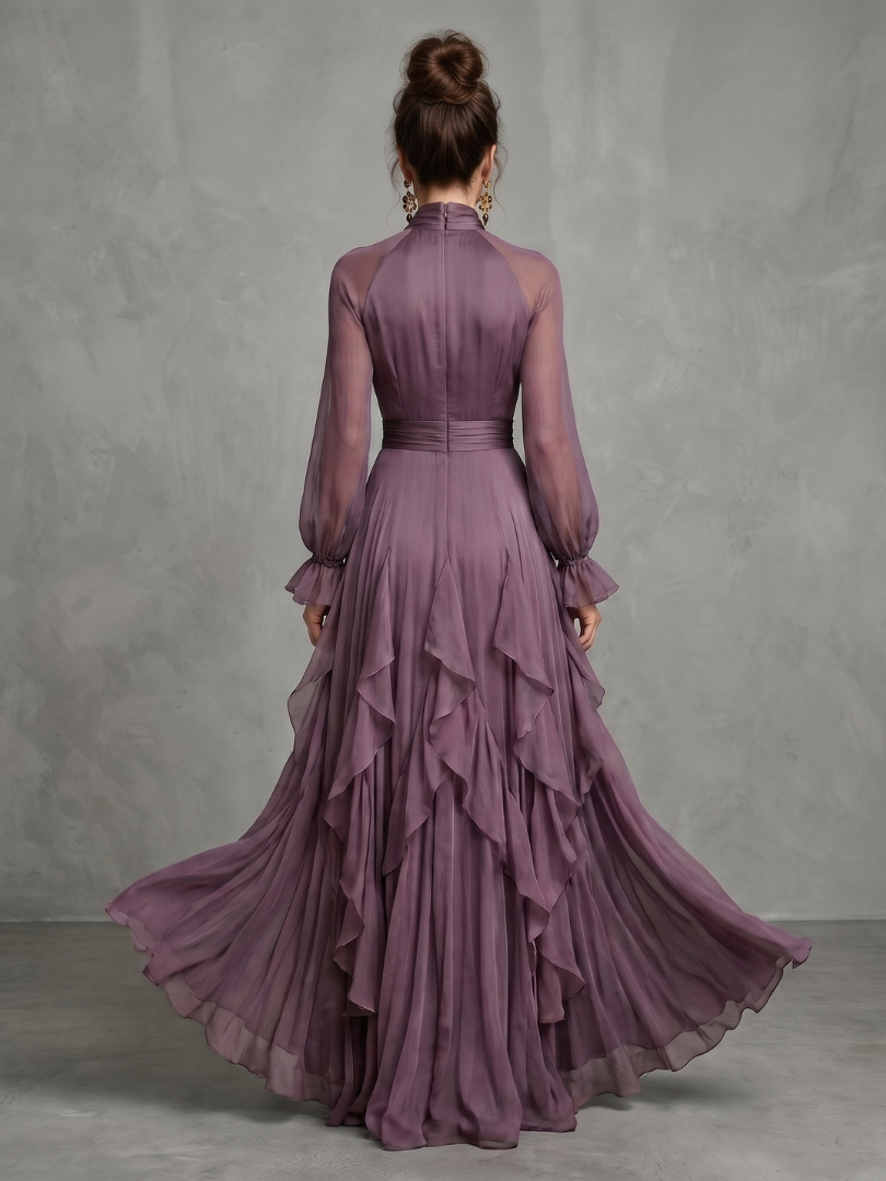 Purple tie-neck tiered maxi dress, back view with cascading ruffle layers and sheer sleeves