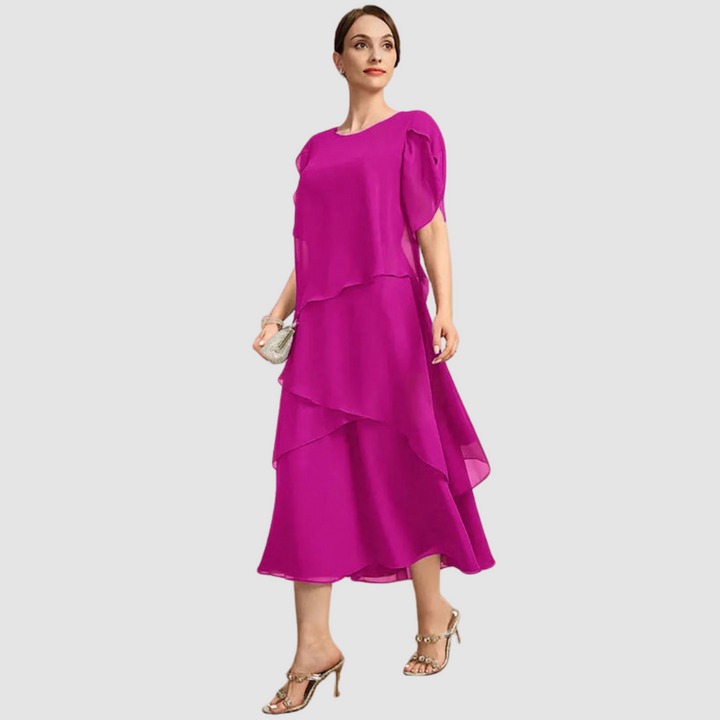 Fuchsia chiffon layered midi dress with short cape sleeves and tiered skirt