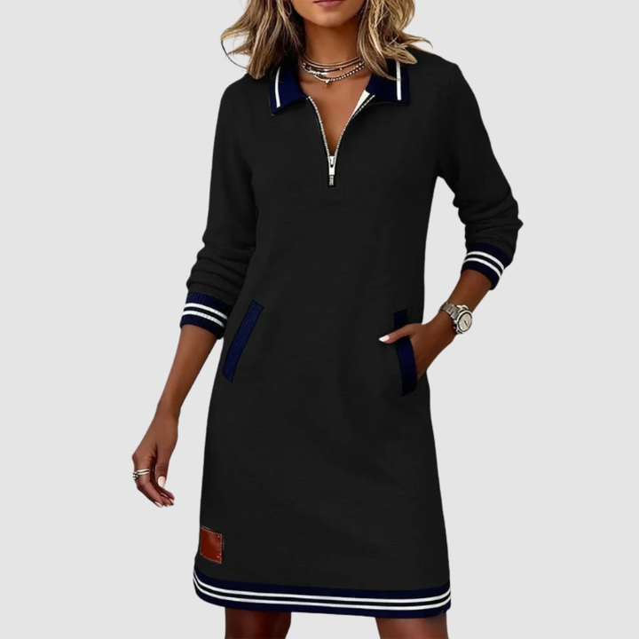 Black zip-neck dress with contrast collar, front zipper, striped cuffs and hem