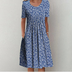 Coverage dress, navy with allover small white floral-dot pattern, short sleeves