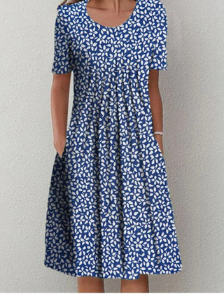 Coverage dress, navy with allover small white floral-dot pattern, short sleeves
