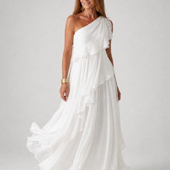 White one-shoulder maxi dress with layered ruffle tiers and flowing chiffon skirt