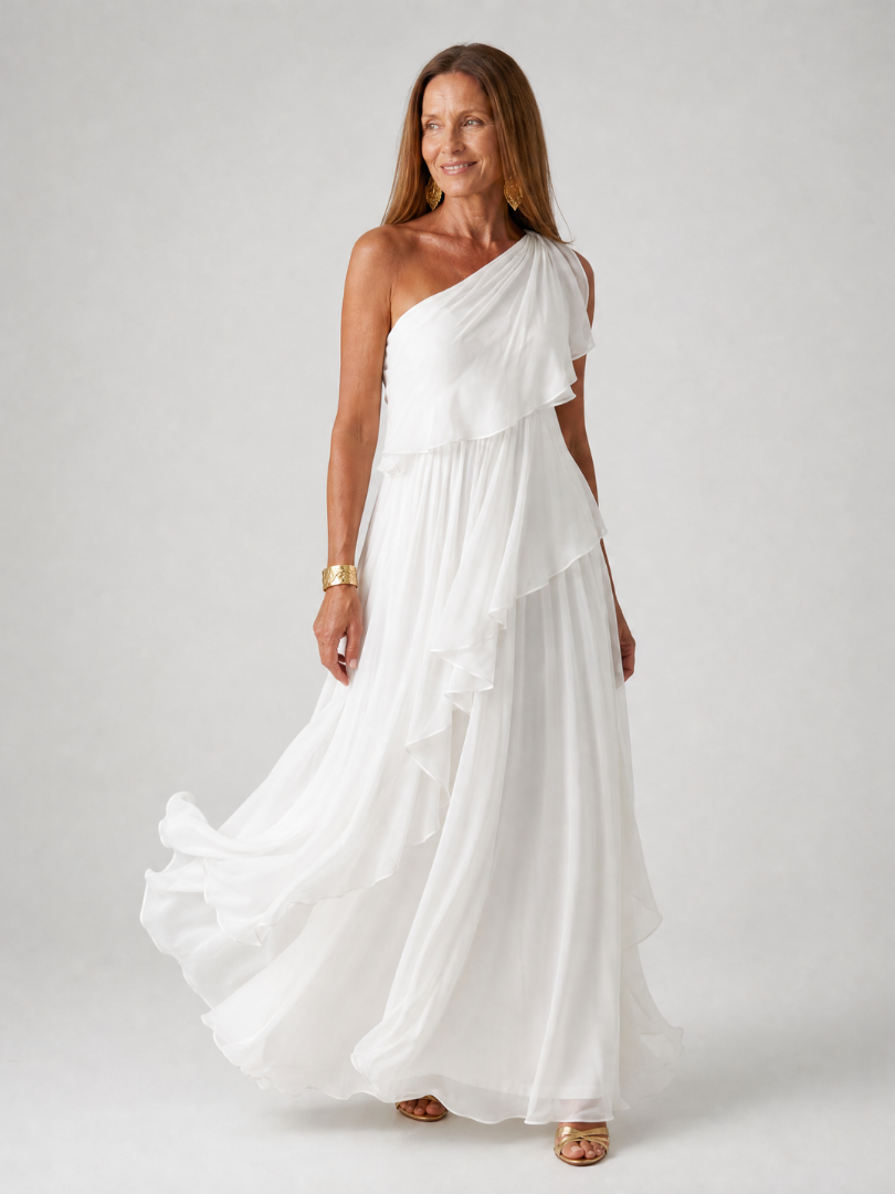 White one-shoulder maxi dress with layered ruffle tiers and flowing chiffon skirt