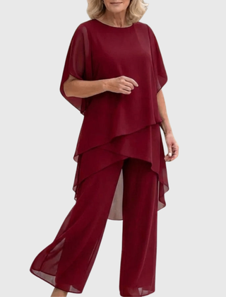 Burgundy draped palazzo pants suit with layered cape-style top
