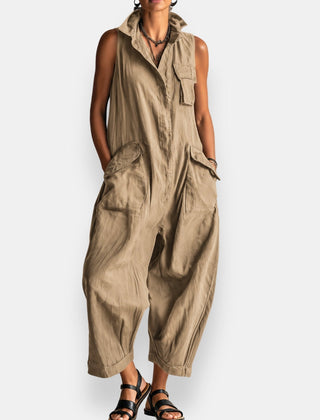 Khaki oversized sleeveless jumpsuit with open collar and large front patch pockets