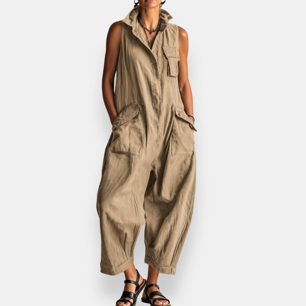 Khaki oversized sleeveless jumpsuit with open collar and large front patch pockets