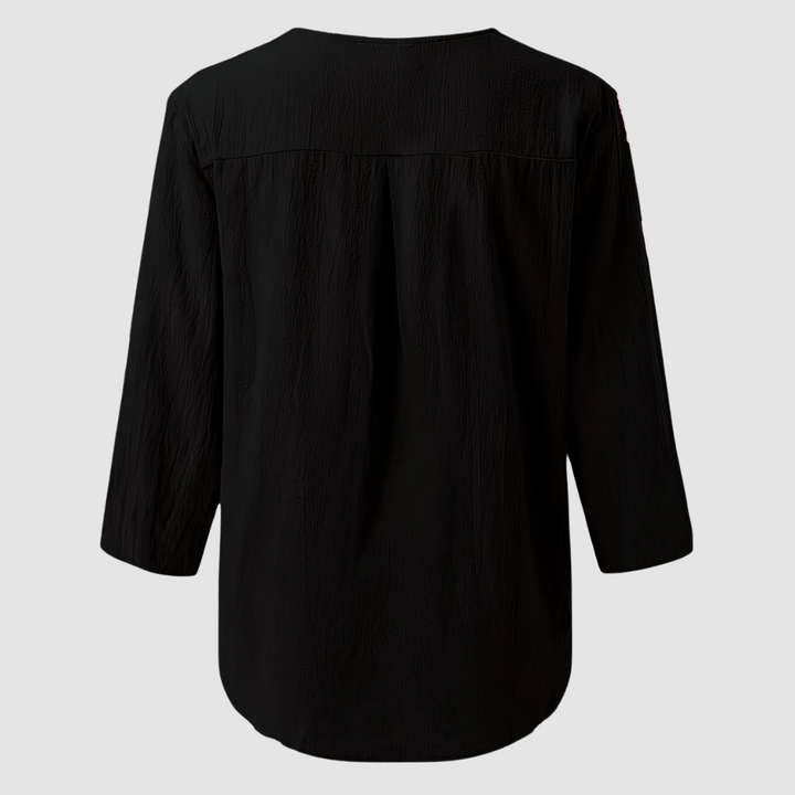 Melisa™ casual cotton-linen blouse, black back view with three-quarter sleeves
