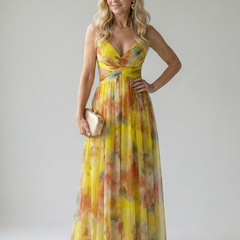 Soft wrap maxi dress with bright yellow and orange watercolor print, sleeveless V-neck
