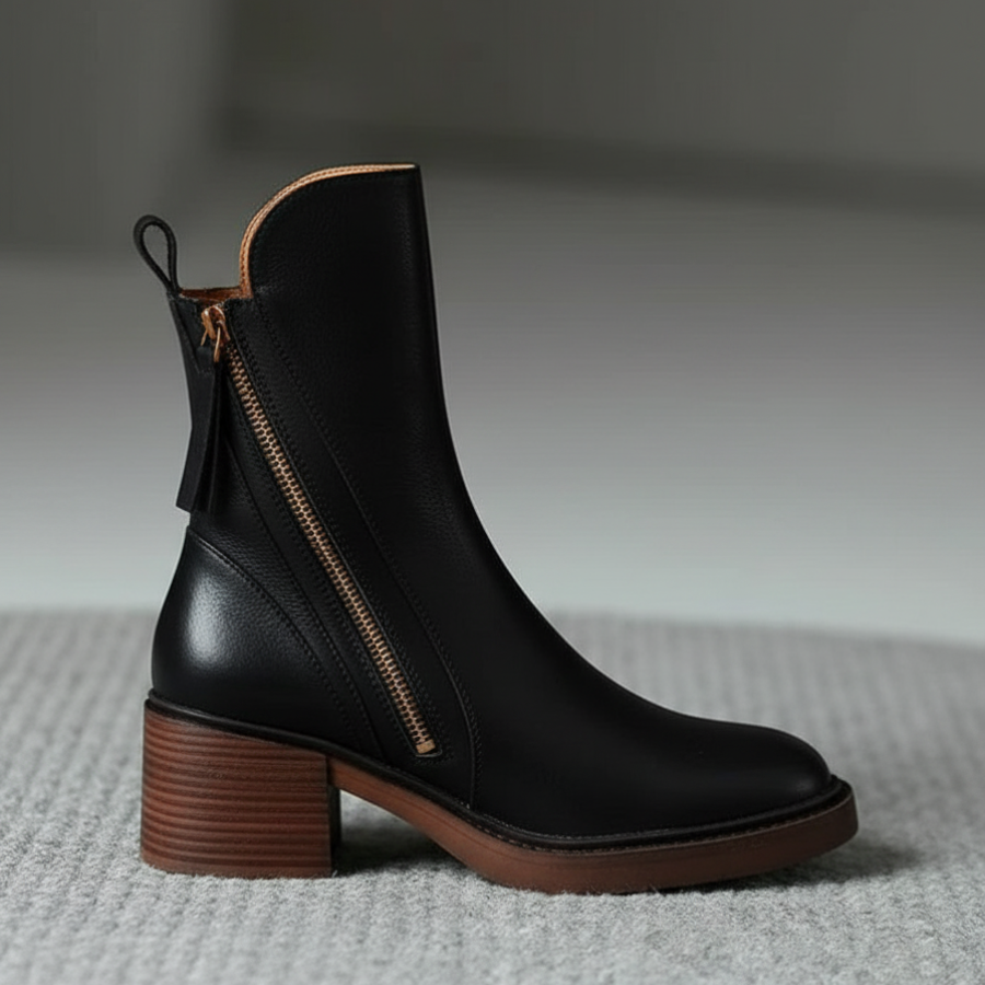 Black leather ankle boots with side zipper and tassel pull, stacked block heel.