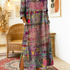 Purple and green multicolor patchwork ethnic dress with 3/4 sleeves and round neckline, slit