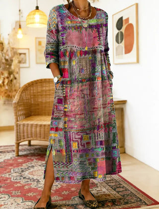 Purple and green multicolor patchwork ethnic dress with 3/4 sleeves and round neckline, slit