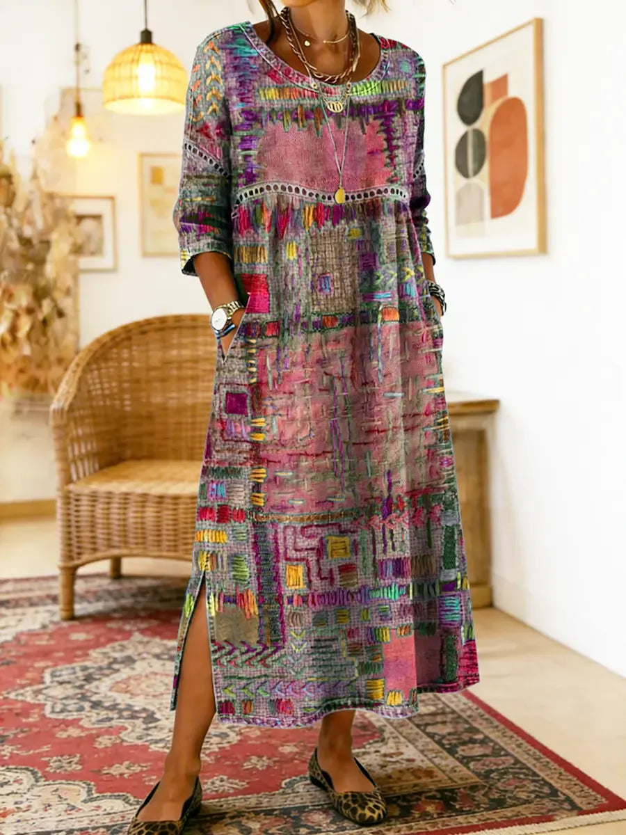 Purple and green multicolor patchwork ethnic dress with 3/4 sleeves and round neckline, slit