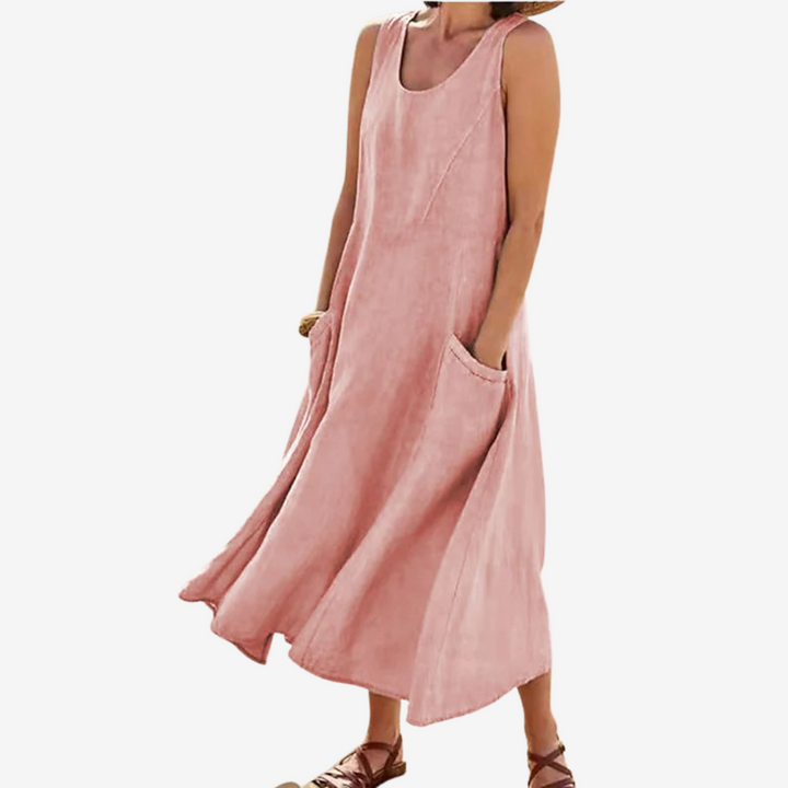Sleeveless midi casual dress in light pink with scoop neck and side pocket