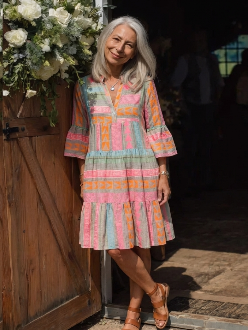 Geometric print tiered knee-length dress with multicolor pink, orange, teal panels