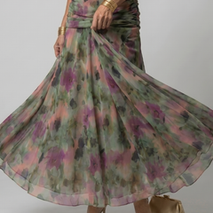 Off-shoulder flow midi dress in multicolor watercolor print, ruched bodice