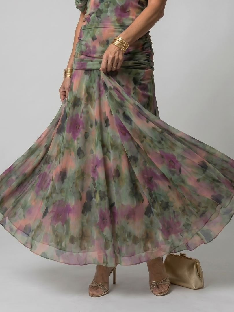 Off-shoulder flow midi dress in multicolor watercolor print, ruched bodice