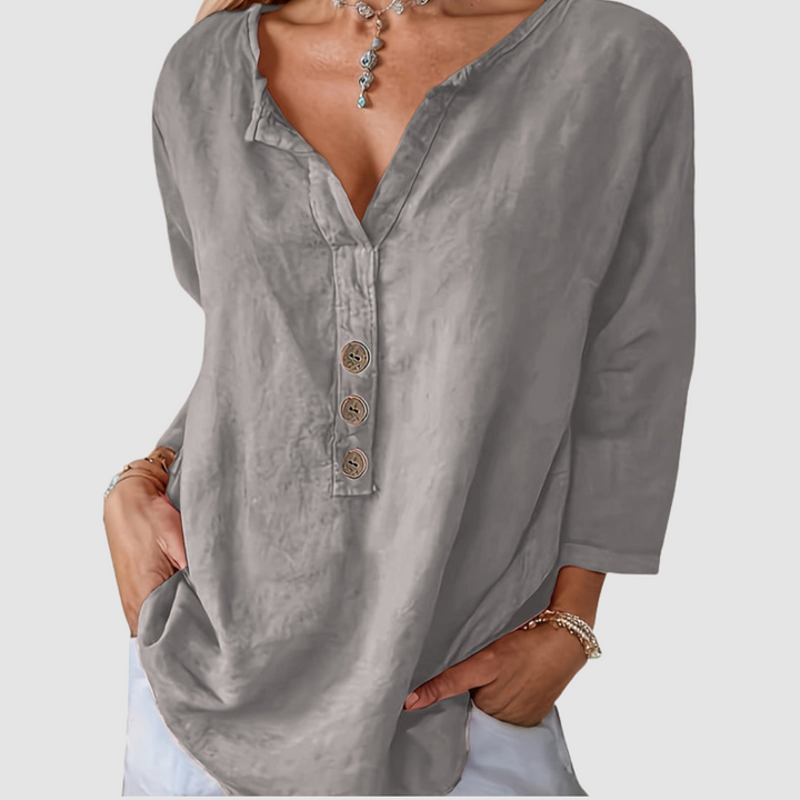 Gray linen-cotton blouse with V-neck and three-button front, 3/4 sleeves