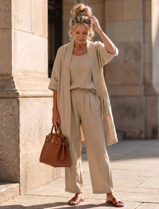 Beige women's elegant set: short-sleeve cardigan over matching wide-leg pants