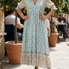 Light blue tiered midi dress with V-neck and floral pattern, lace-trim hem