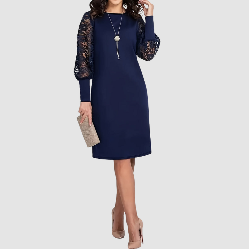 Dolly™ floral lace-trimmed dress, navy blue, lace cuff sleeves, slim knee-length silhouette