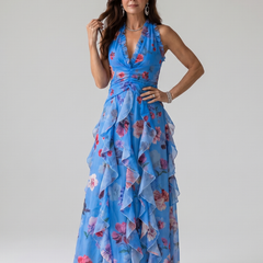 Blue halter-neck ruched bodice floral maxi dress with tiered ruffle skirt